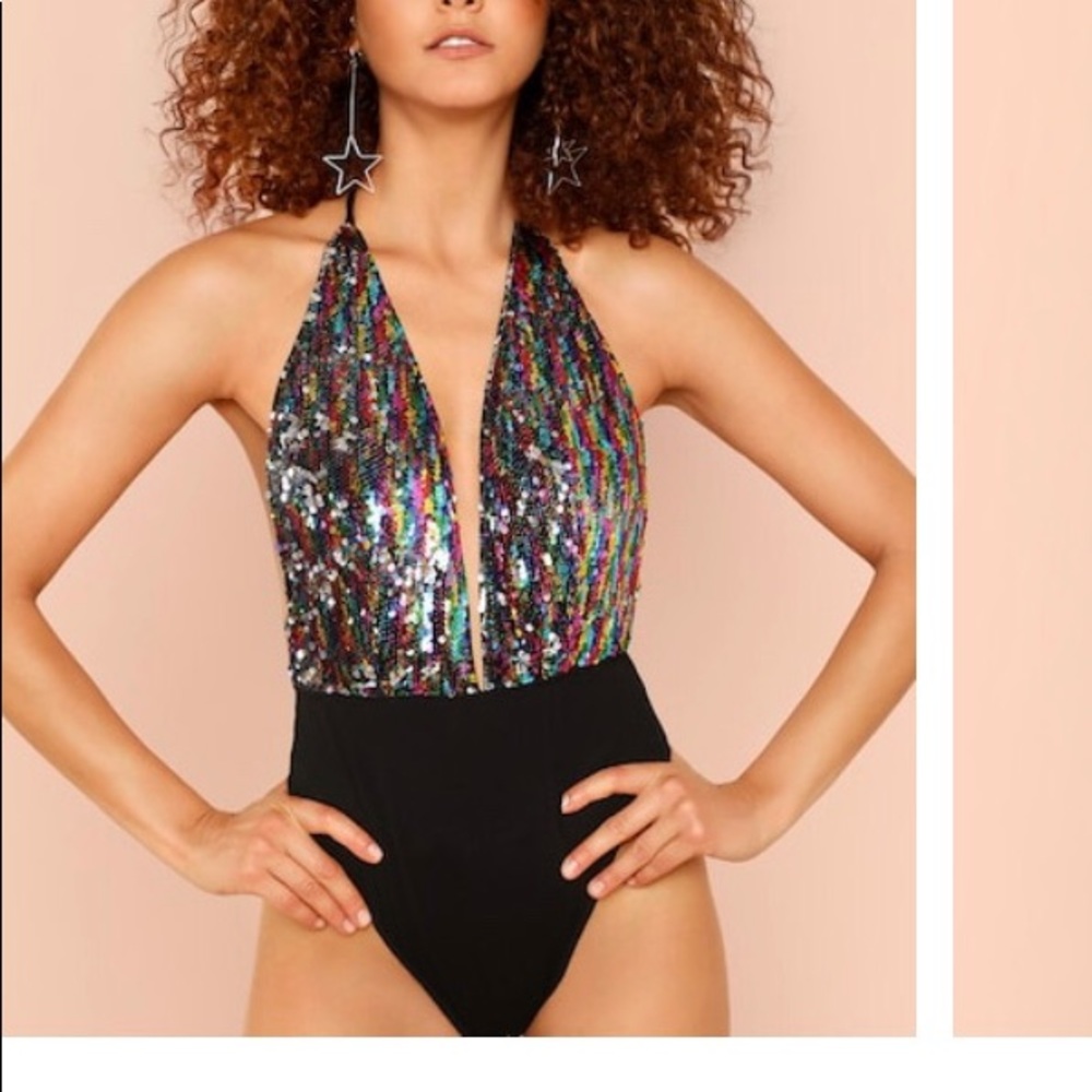 Plunge Halter Sequin Bodysuit